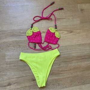 NEW Out From Under Strawberry Crochet Bikini Top and Neon Green Bottoms. S/M